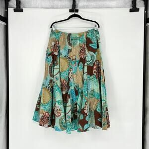 Vtg Aqua and Brown Paisley Floral Cotton Long Skirt - Size L - Boho - Hippie